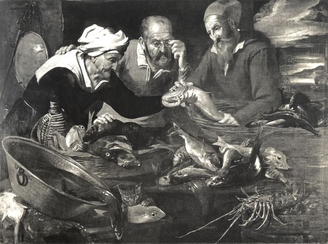 Anonimo — Legi Giacomo - sec. XVII - Scena di mercato con pesci, crostacei e figure — insieme